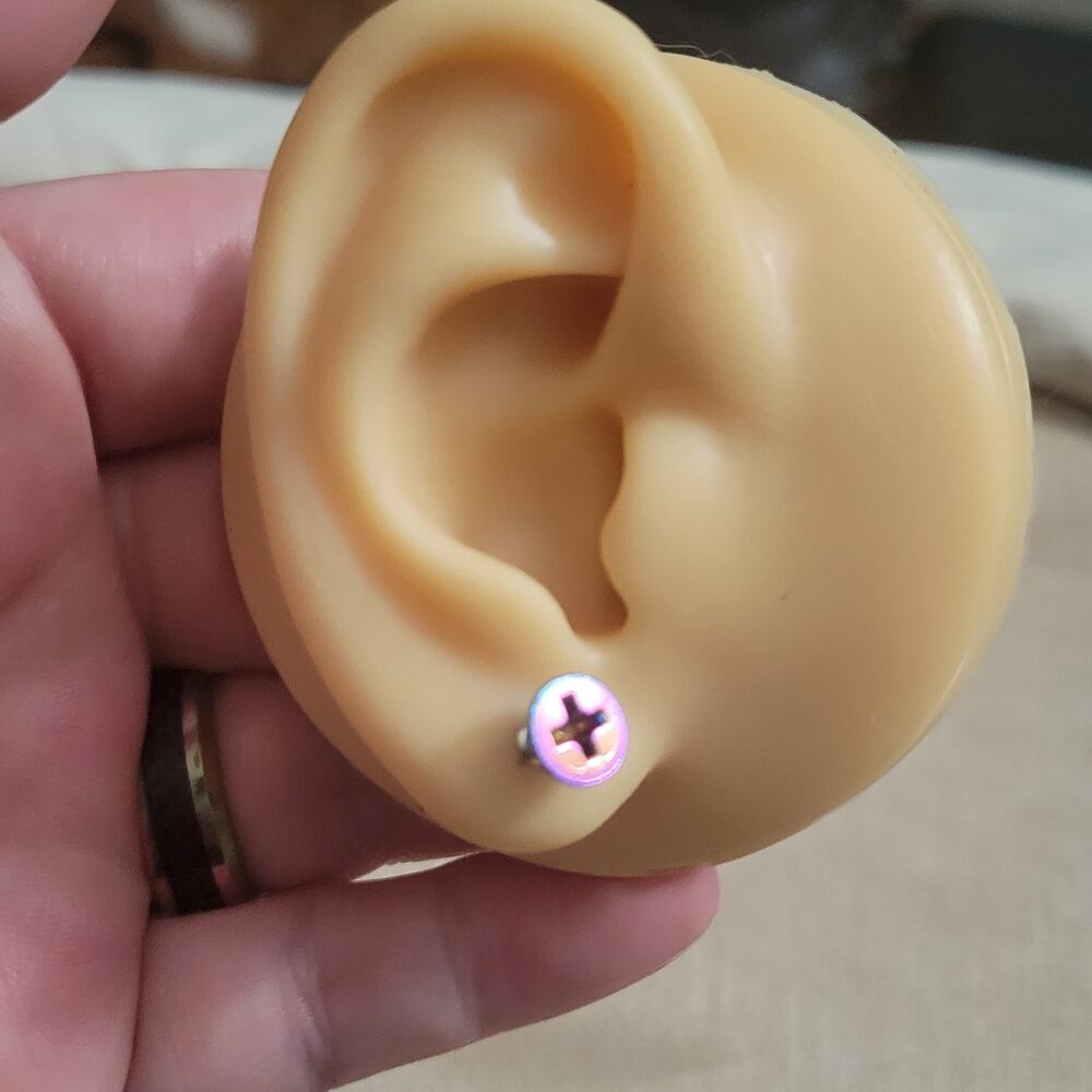 Rainbow oil slick screw shaped stainless steel illusion post earrings